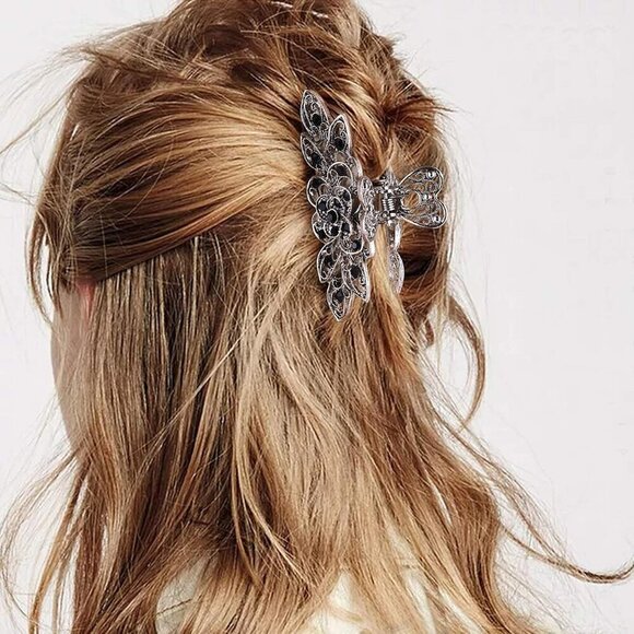 Vintage Rhinestone Flower Hair Claw Clip Navy Blue Thick Hair Accessories - Picture 5 of 7